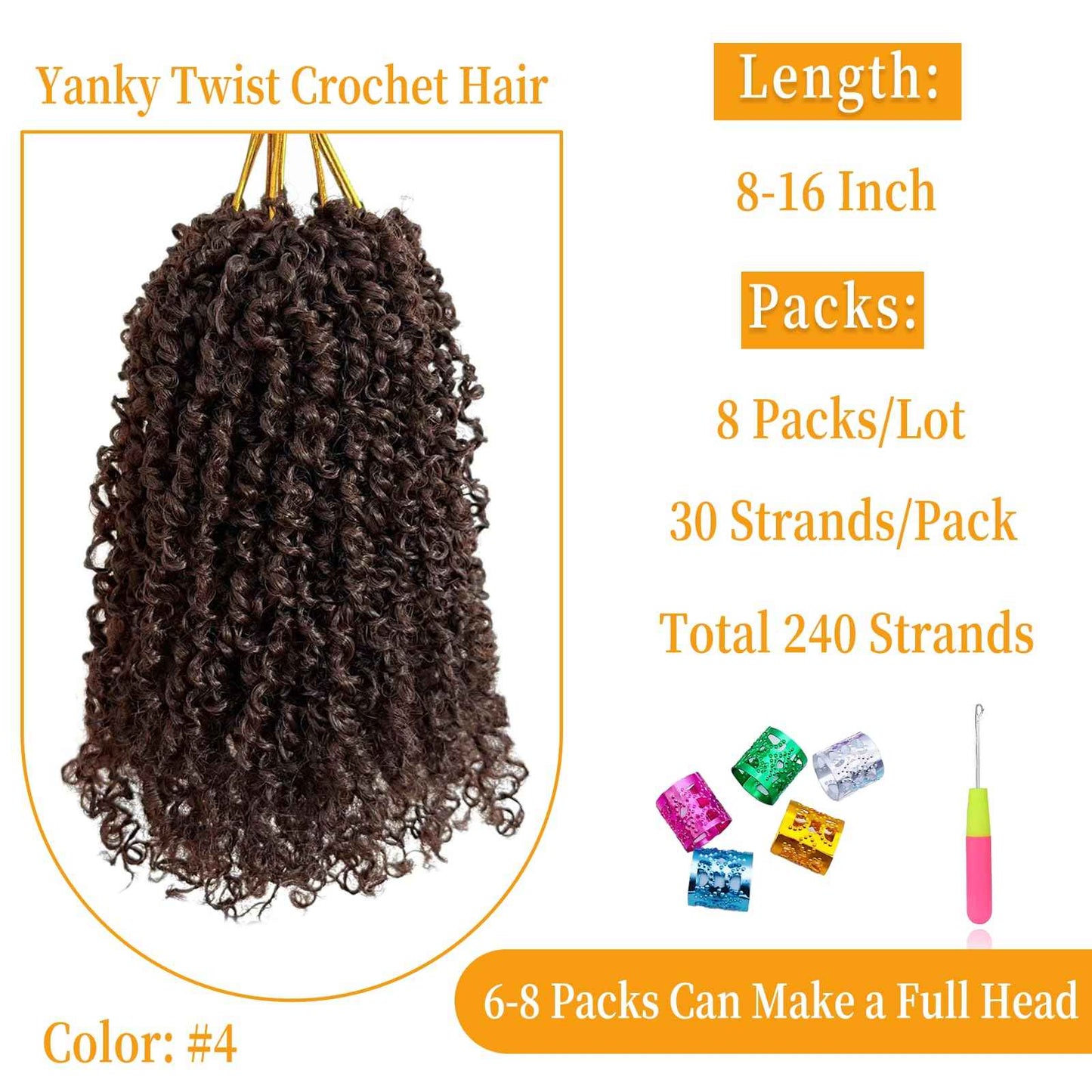 16 Inch Pre-Looped Yanky Twist Crochet Hair, 30 Strands/Pc, Mini Passion Twists, Senegalese Braiding Hair (4#, 8 Pcs/Pack)