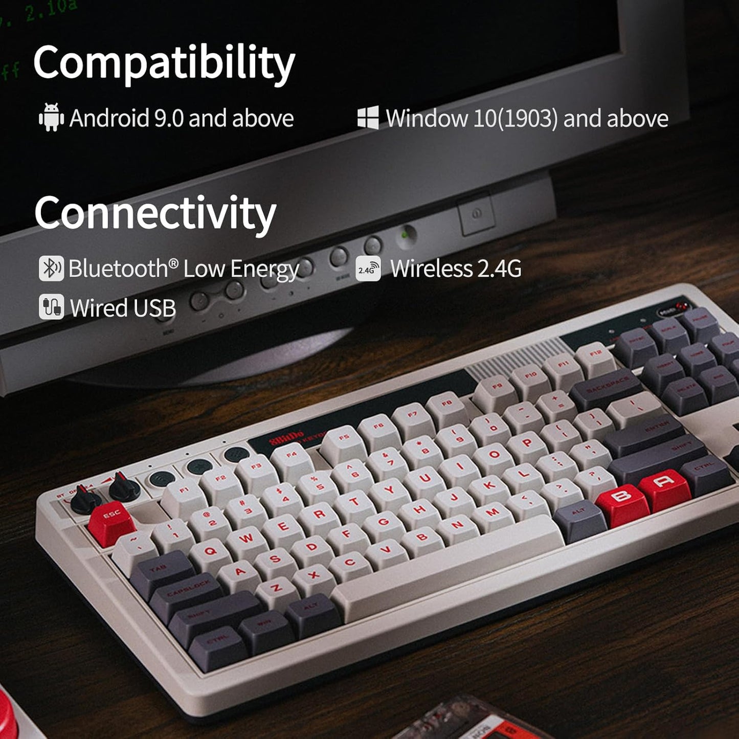 AKNES 8BitDo Retro 108 Mechanical Keyboard, Hot Swappable Gaming Keyboard with 108 Keys, Integrated Numpad, Dual Super Buttons, Bluetooth/2.4G/USB-C for Windows & Android - Fami Edition