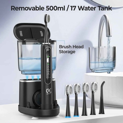 Alfelix Professional Flossing Electric Toothbrush with Water Flosser, 2 in 1 Toothbrush and Water Flosser Combo, Sonic Electric Toothbrush Cordless Flossing Brush (Black)