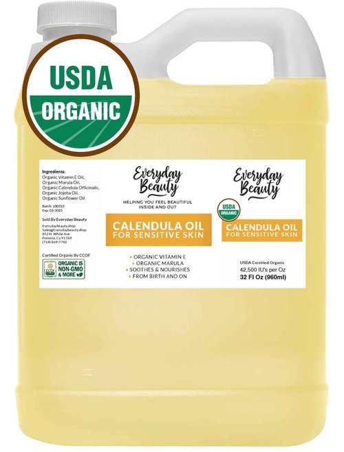 Organic Calendula Oil For Sensitive Skin -Bulk 32 Fl Oz- USDA Organic Certified 100% All Natural Plant Based, Lightweight & Unscented Gentle Soothing Oil For Sensitive Skin - For Face, Skin & All Over