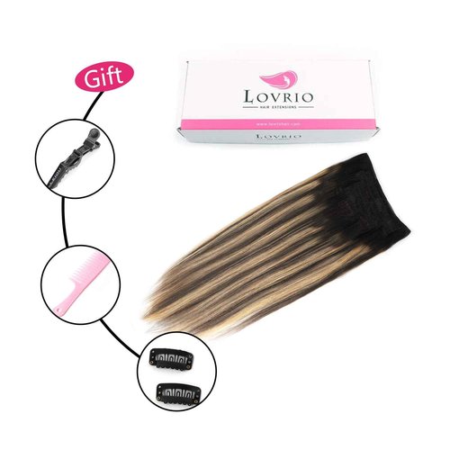Lovrio Yaki Clip in Hair Extensions Human Hair Root Natural Black #1B to Caramel Blonde #27 Yaki Straight Clip ins Human Hair Double Weft Light Yaki Clip ins Full Head 14inch 7 Pcs With 17 Clips 120G
