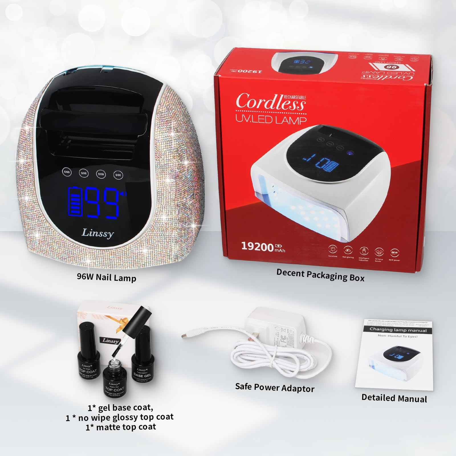 Linssy 96W UV LED Cordless Nail Lamp,Nail Dryer with 42 Beads,UV Light for Gel Nails Manicure for Fingernails & Toenails,Professional LED Nail Lamp for Salons with 4 Timers and Smart Sensor (Diamond)