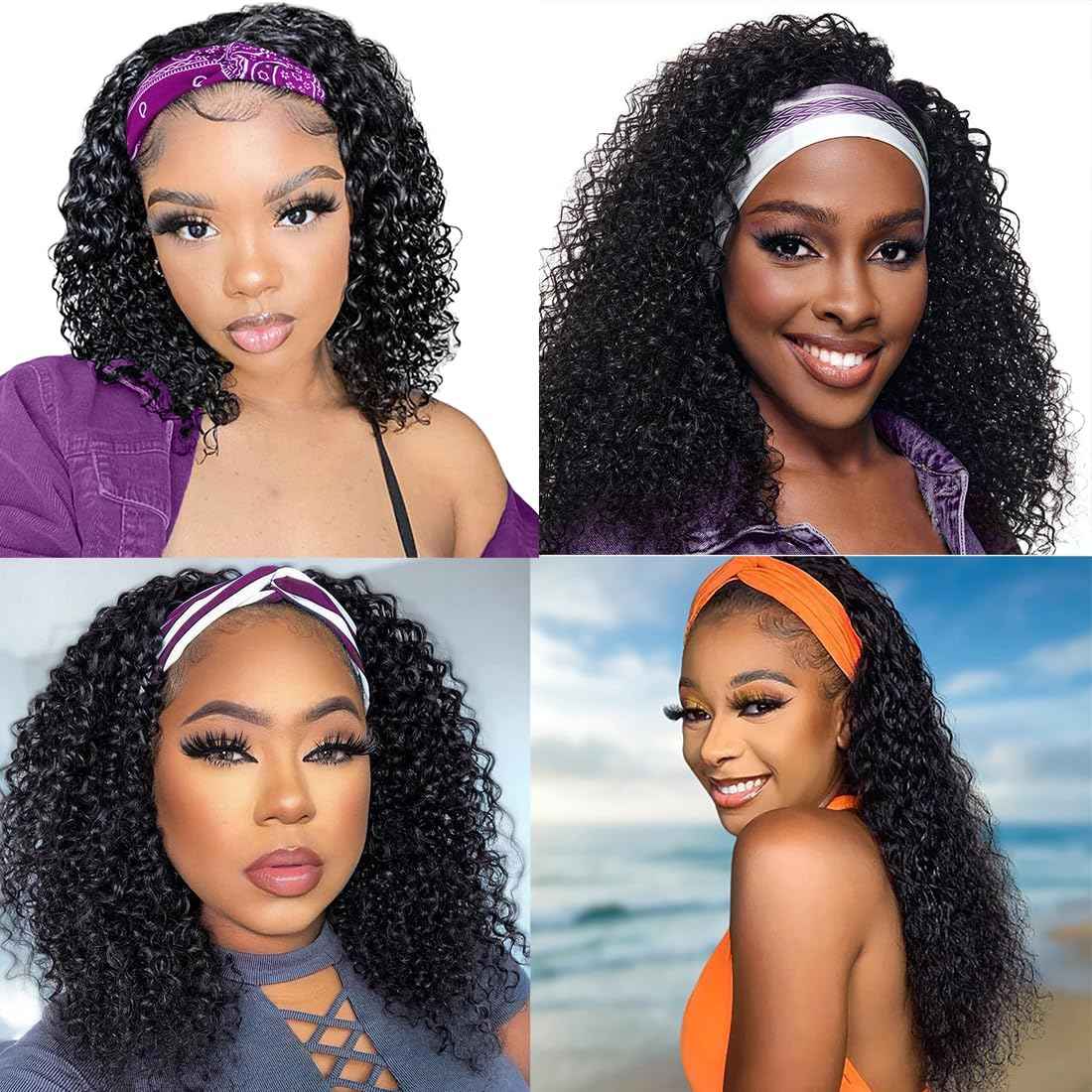 JCL Headband Wig Human Hair Deep Wave Headband Wigs Wig 12 Inch Glueless Wigs Human Hair Natural Color Curly Wigs for Black Women Human Hair None Lace Front Wigs