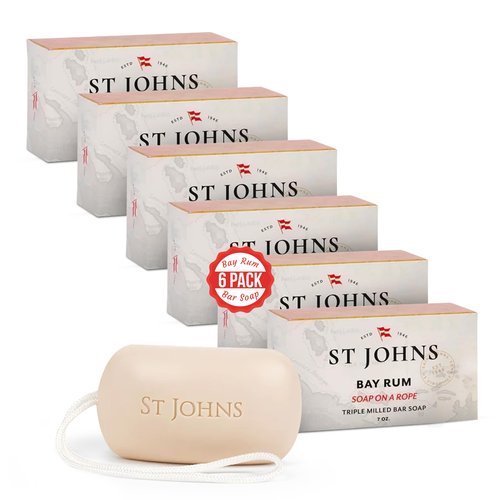 St. John Bay Rum Soap On A Rope | USA Made, Triple-milled Mens Soap Bar | Hydrating Bar Soap for Men with Olive Oil & Glycerine | Luxury Body Soap Bar for men | (7 oz Bar- 6 Pack)