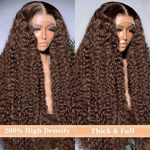 QWedafy Chocolate Brown Lace Front Wigs Human Hair 13x6 Deep Wave Lace Front Wigs Human Hair 200 Density HD Colored Deep Curly Lace Frontal Wigs for Women Pre Plucked with Natural Hairline (24inch)