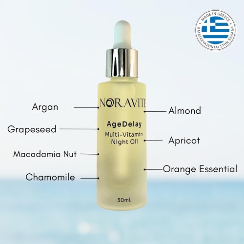 Noravite AgeDelay Multi-Vitamin Night Facial Oil - Intensive Skin Tightening Oil & Moisturizer - Nourishes Protects & Rejuvenates - Antioxidant Serum w/Vitamin E, Omega 3,6,9 & Seaweed - 30ml