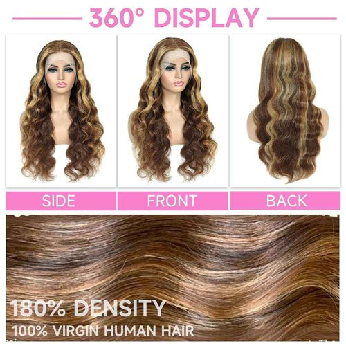 SKYDO Highlight Honey Blonde HD Lace Front Wig 180 Density 4/27 Ombre Body Wave Lace Front Wigs Human Hair Pre Plucked with Baby Hair 13x4 Lace Front Wigs for Women 30inch