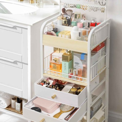 YGJT Makeup Organizer, Floor Skincare Cosmetics Organizer with Drawers, Jewelry Organizers and Storage for Earring Necklace, Vanity Organizer for Skin Care Perfume Makeup Brush Nail Polish Hair Tool