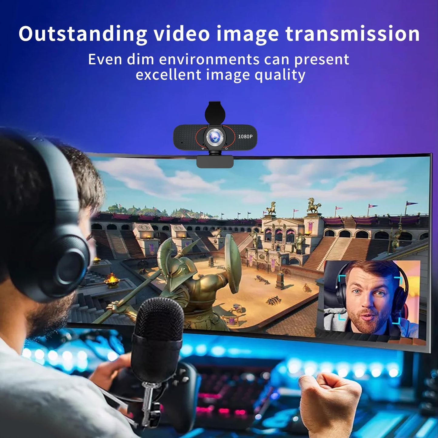 1080P HD Webcam with Microphone, Wide-Angle Lens, Auto Light Correction, Plug Play USB Web Cam with Tripod, Stand, External Camera for Laptop, Desktop Computer, PC, Mac, Zoom, Skype, Streaming, Gaming