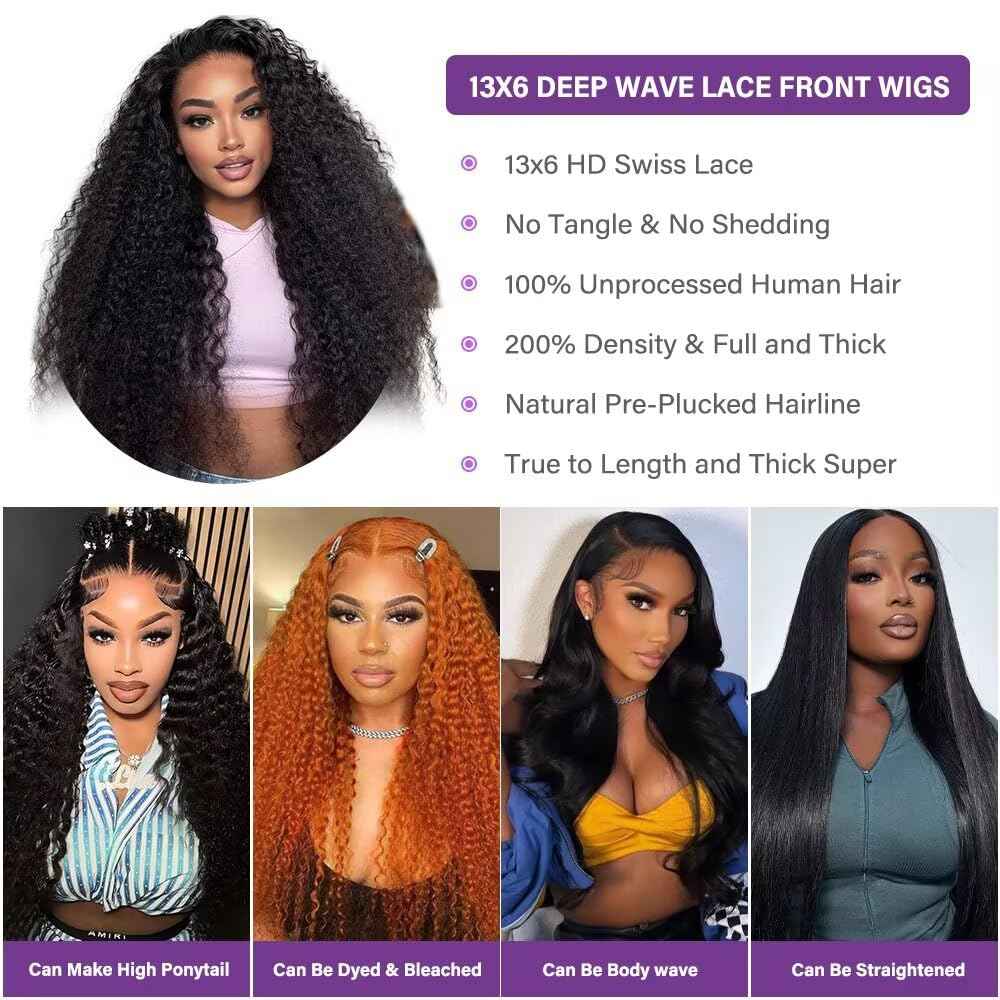 28 Inch 13x6 Deep Wave Lace Front Wigs Human Hair 200 Density HD Transparent Lace Frontal Wigs Human Hair 13x6 Pre Plucked Deep Curly Glueless Wig 100% Virgin Curly Human Hair Wig for Black Women