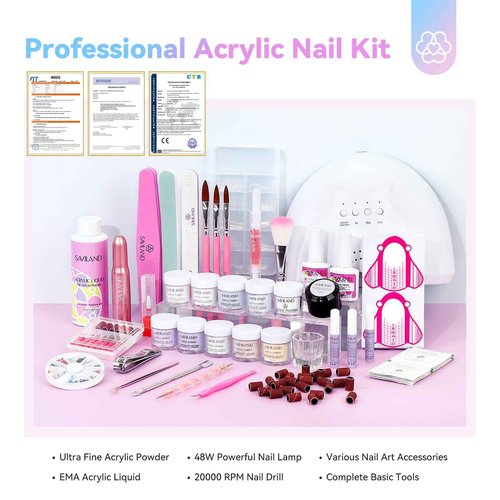 Saviland Acrylic Nail Kit with Everything: 10 Colors Acrylic Powder Clear Liquid Monomer 48W Nail Lamp 20000RPM Nail Drill Complete Tools Home Manicurist Nail Extensions