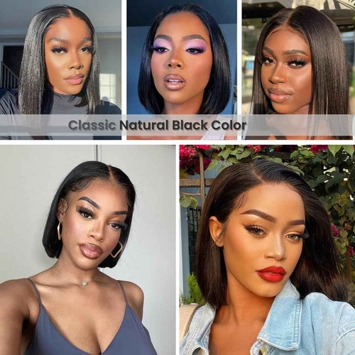 ALHER Short Bob Wig Small Cap Lace Front Wigs Human Hair Pre Plucked Straight, 13X4 Lace Frontal Wigs With Baby Hair 180% Density for Black Women, 12A Small Cap Size 21-21.5 Natural Black Wig 12 Inch