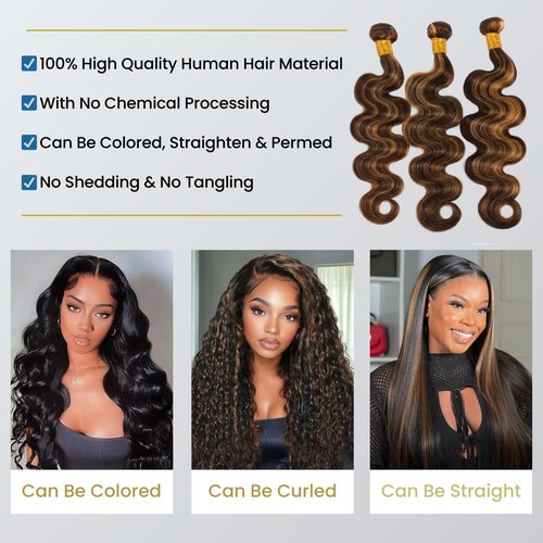 BQRIH 12A Brown Highlight Body Wave Bundles Human Hair 10 12 14 In Brazilian Virgin Wavy Weaves F1B/30 Black and Honey Blonde Ombre 3 Bundles Soft Balayage Colored Human Hair Extensions For Women Remy