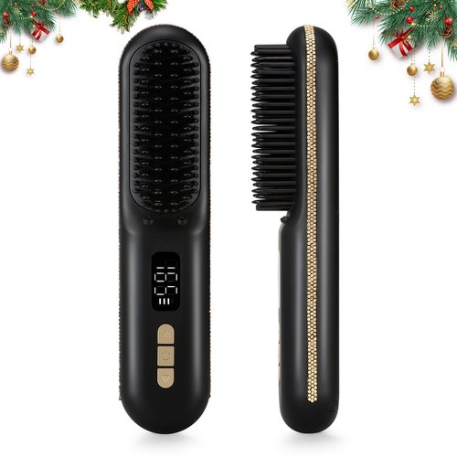 Cordless Hair Straightener Brush, Go Brush Pro, Portable Crystal Diamond Bling Mini Straightening Brush for Travel, Negative Ion Hot Comb with 9 Temps, Anti-Scald Ceramic, Fast Charging for Women