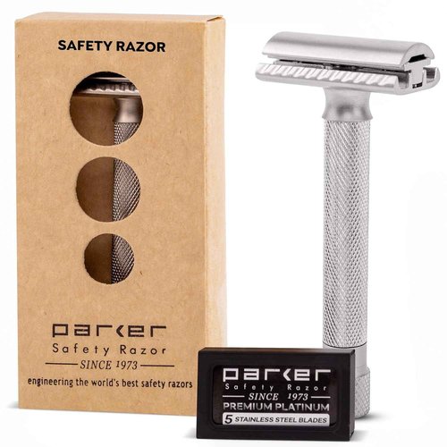 Parker THE VARIANT CLOSED COMB - ADJUSTABLE Double Edge Safety Razor, Customize your Shave with a Turn of the Dial from Mild to Aggressive - 5 Blades Included (SATIN CHROME)