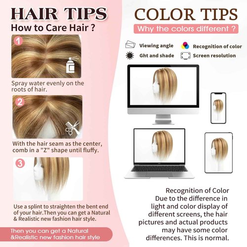 isheeny Human Hair Topper for Women 14Inch Real Human Hair Toppers For Changing Your Look, Brown Highlight Honey Natural Hair Pieces for Women With Artificial Base & 2 Secure Clips