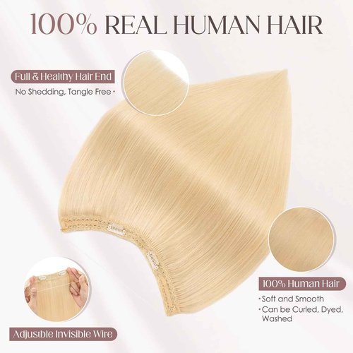 Elailite Halo Hair Extensions Real Human Hair for Women Platinum Blonde Clip in Remy Hairpiece with Adjustable Invisible Wire 22 Inch 75G