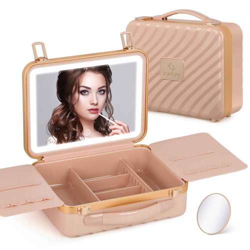 Longyu Makeup Box with Lighted Mirror Travel Train Case Cosmetic Organizer and Makeup Suitcase with Adjustable Dividers and 5X Mirror (Pink)