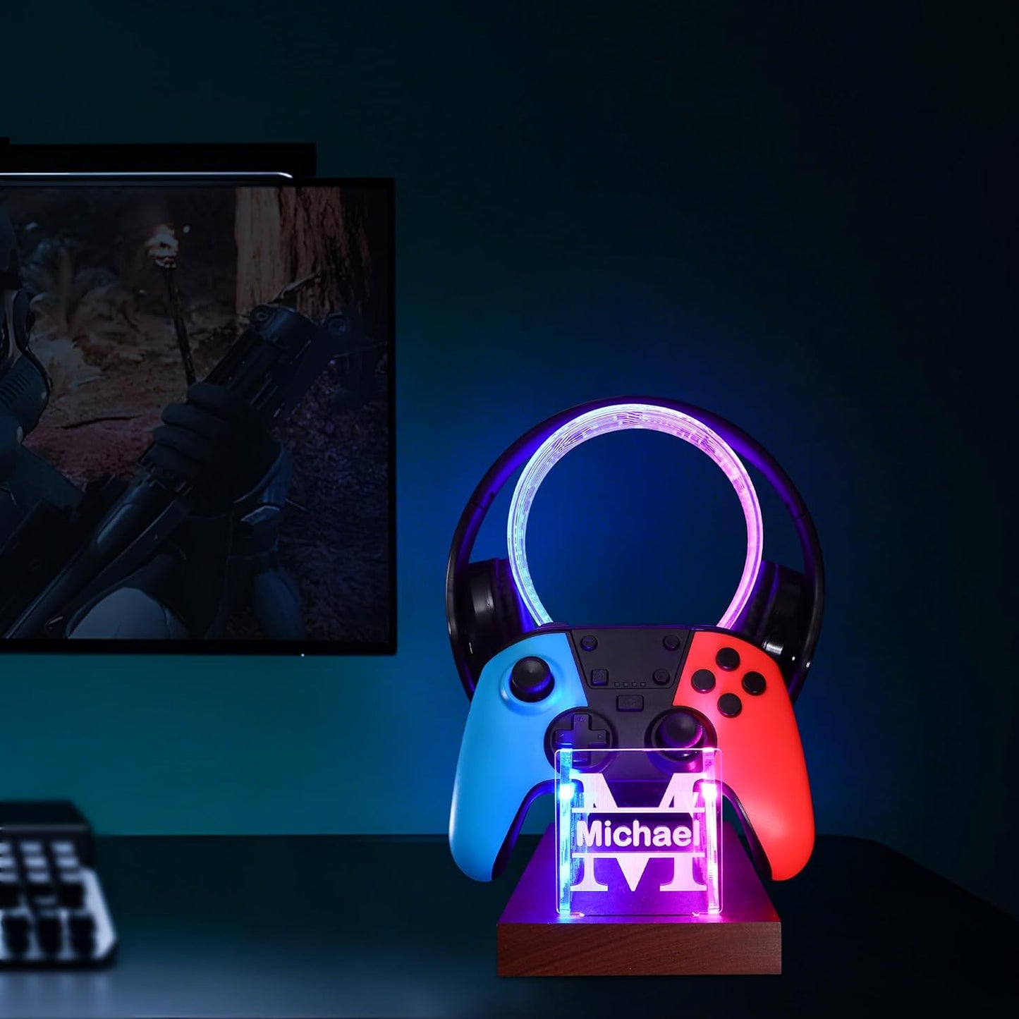 YuanDian Gamer Gifts for Teenage Boy, Desk Gaming Headset and Controller Stand with Blue Pink LED Night Light, Acrylic Wooden Controller Holder with PCB Pattern, Desk Decor Gift