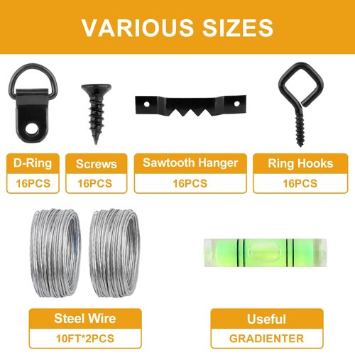 KURUI 303Pcs Picture Hangers for Wall Art Decor Tapestry, Picture Hanging Kit With Heavy Duty Wall Hooks, Sawtooth, Picture Wire, D Rings, Hardware Nails, Eye Hooks, Black Frame Hooks for Drywall Wood