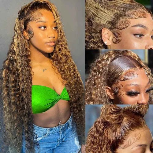 Leximi Honey Blonde 13x4 Deep Wave Lace Front Wigs Human Hair Pre Plucked with Baby Hair 4/27 Highlight Glueless HD Transparent Lace Frontal Wigs for Black Women 180 Density (24 Inch)