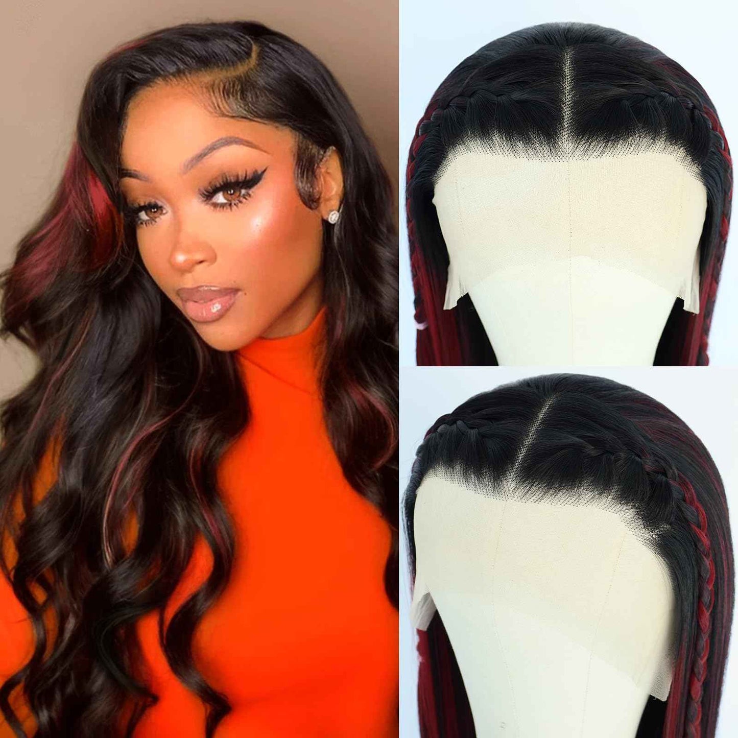 Oxeely Red Highlight Ombre Burgundy Synthetic Lace Front Wigs Long Straight Wigs Burgundy Lace Wigs Pre Plucked 1B/99J Skunk Stripe Glueless Wigs Heat Resistant Fiber Hair Red Wigs for Women Daily Use