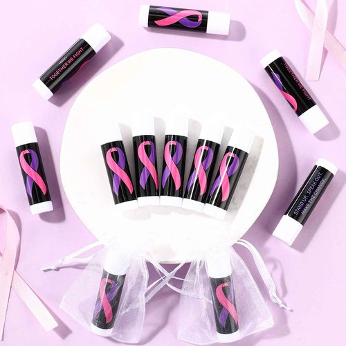 Fumete 100 Pcs Breast Cancer Awareness Lip Balm Bulk Pink Ribbon and Purple Ribbon Domestic Violence Awareness Moisturizer and Nourishing Lip Balm Gifts for Women Men Party Supplies, 4 Scents