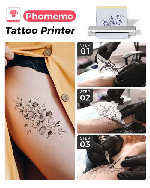 Phomemo Tattoo Stencil Printer with Case, Bluetooth Tattoo Machine with 10pcs Transfer Paper, Thermal Portable Printer for Artists & Beginners, Compatible with Phone & PC, Silver