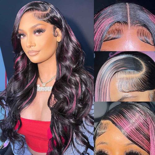 KeaBalo Ombre Lace Front Wig Human Hair Skunk Stripe Human Hair Wigs 13x4 Hd Lace Frontal Body Wave Highlight Pink and Black Colored Wigs Human Hair 180% Density 26 Inch