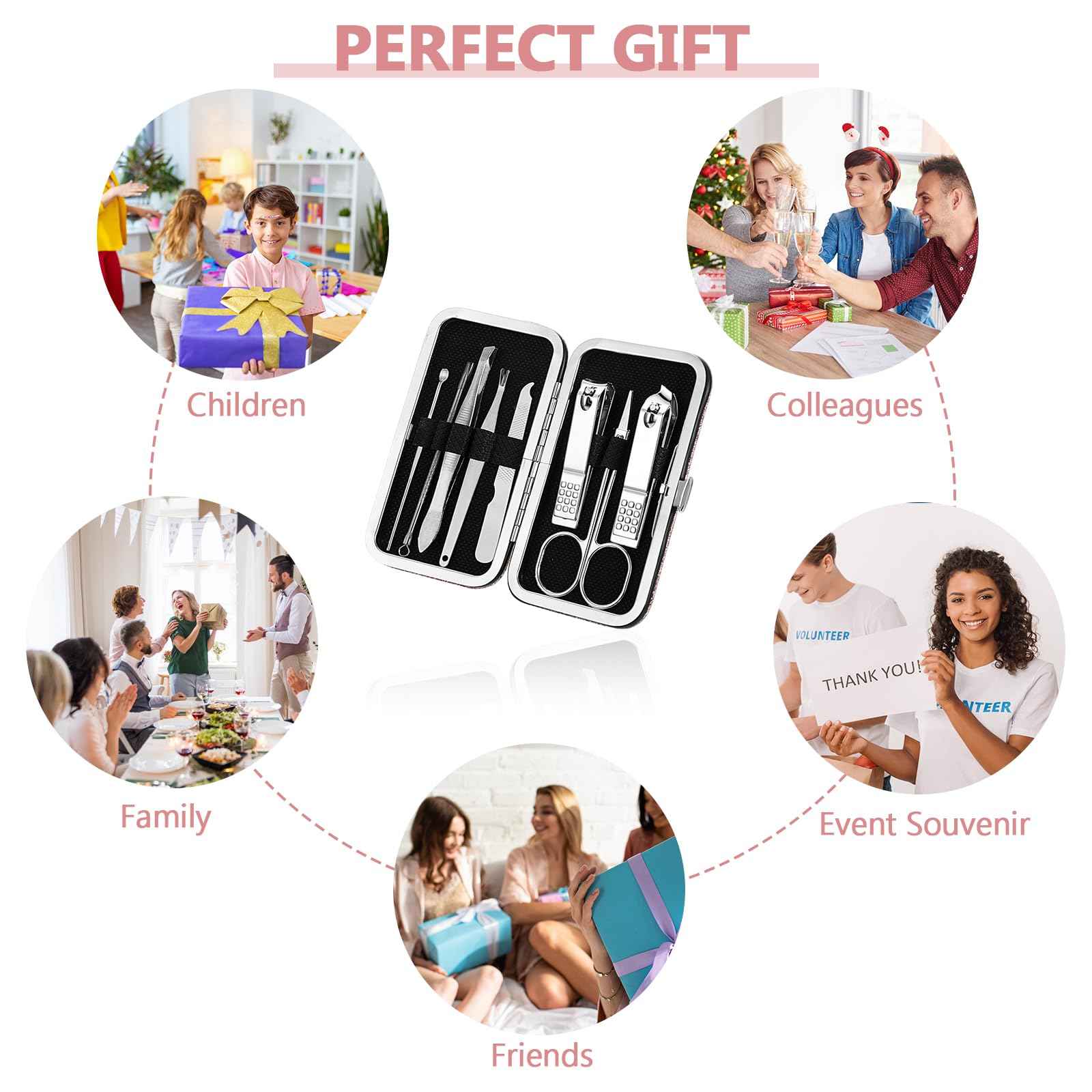 Lasnten 24 Set Christmas Manicure Set Bulk Nail Clippers Grooming Nail Kit Stainless Steel Professional Pedicure Kit Pedicure Tools with Travel Case Gifts for Xmas Men Women(8 in 1,Shiny Pink)