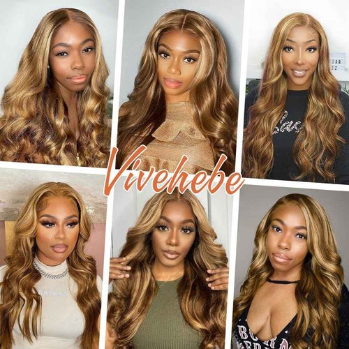 vivehebe Ombre Lace Front Wig Human Hair 26Inch Highlight Wig Human Hair 13x4 HD Transparent Body Wave 180% Density Honey Blonde Human Hair Wigs for Women Pre Plucked