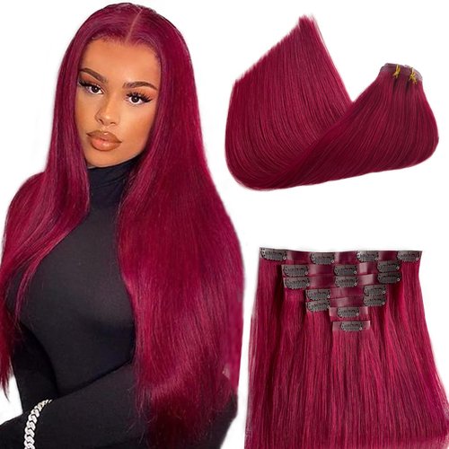 Hair Extensions Burgundy Clip in Hair Extension Real Human Hair Clip on Hair Extensions for Women 22 Inch 100G 7 Pcs
