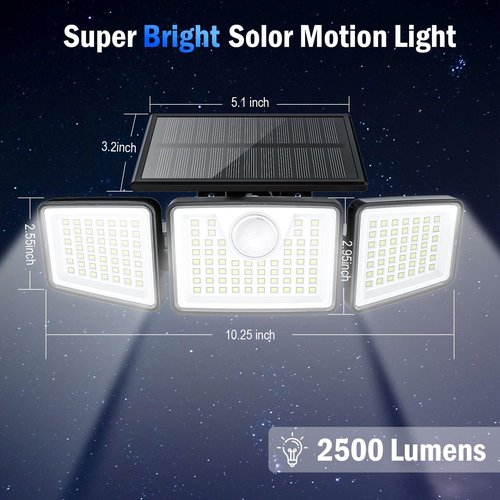 daphino 2500LM Solar Lights Outdoor with Motion Sensor,3 Head 270° Wide Angle Street Area Lights,IP65 Waterproof Security Lighting with 3 Modes(Non-Remote,1 Pcs)