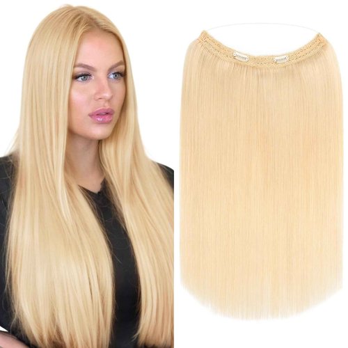Elailite Halo Hair Extensions Real Human Hair for Women Platinum Blonde Clip in Remy Hairpiece with Adjustable Invisible Wire 22 Inch 75G