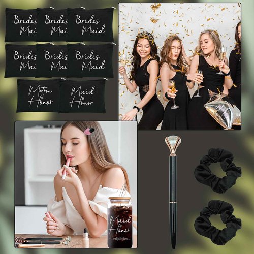 56 pcs Bridesmaid gifts bridesmaid proposal gifts, Maid of Honor Gifts contain 16oz Glass Cups Cosmetic Makeup Bags Invited Cards Scrunchies Hair Knotted Bracelets Diamond Pens love clip (Black)