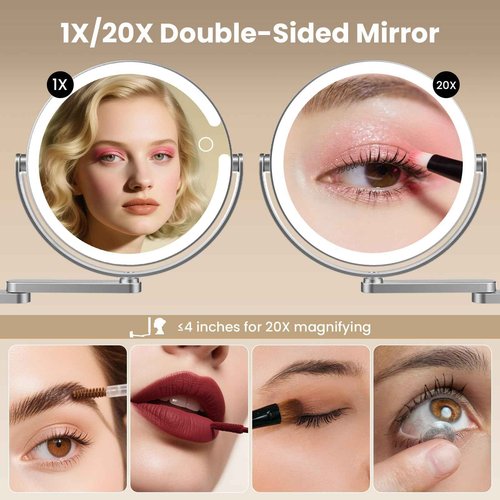 FRANO Wall Mounted Makeup Mirror with Lights, 8-inch 20X/1X Magnifying Mirror, Rechargeable LED Vanity Mirror with 3 Color Lights, 360° Swivel & Extendable Arm