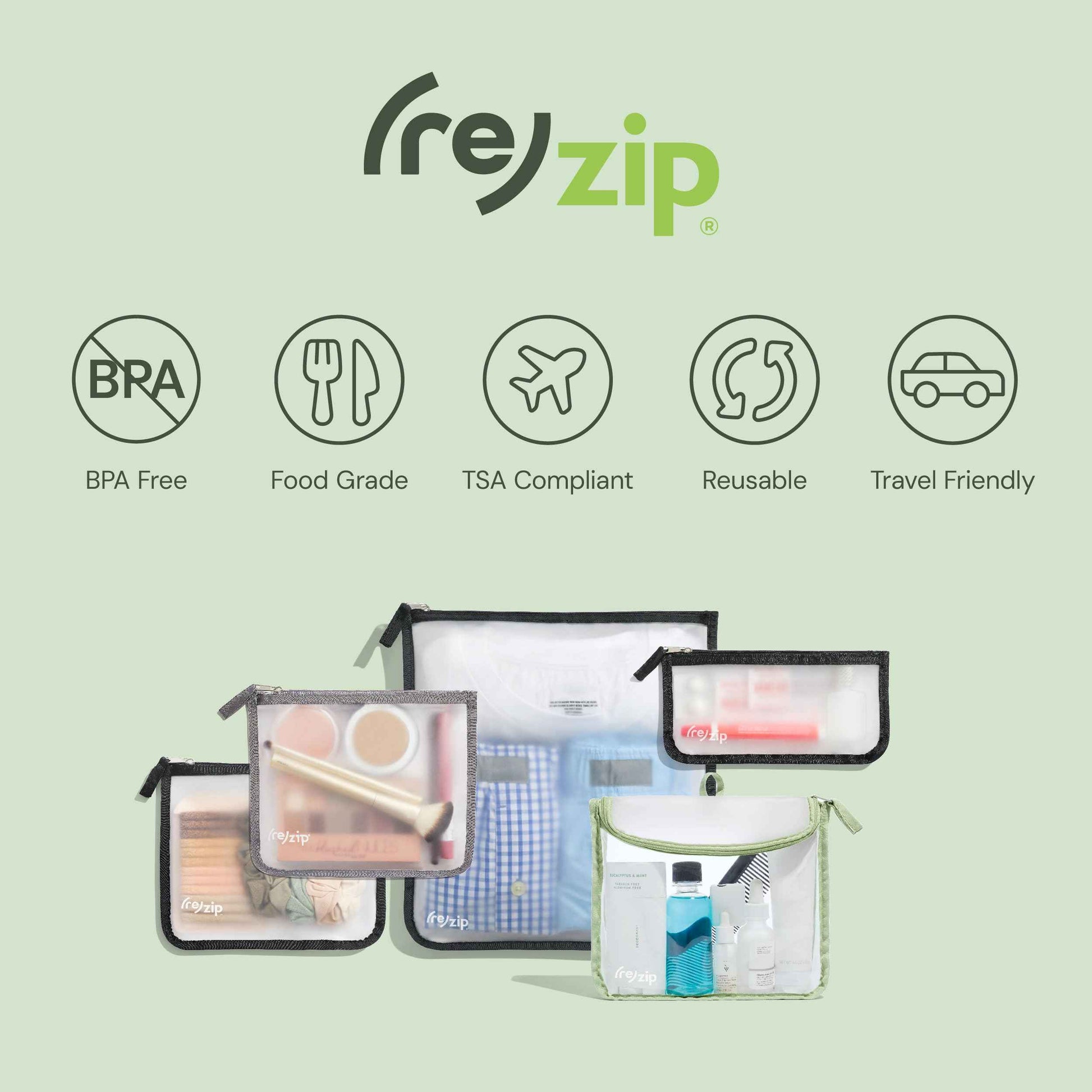 (re)zip Zippered Travel Organization Kit | 9-Piece Set Including Zippered Gallon, Medium, & Small Bags, and Carbiner Clip-On Bags | Compact & Lightweight for Snacks, Documents, Toiletries, & More