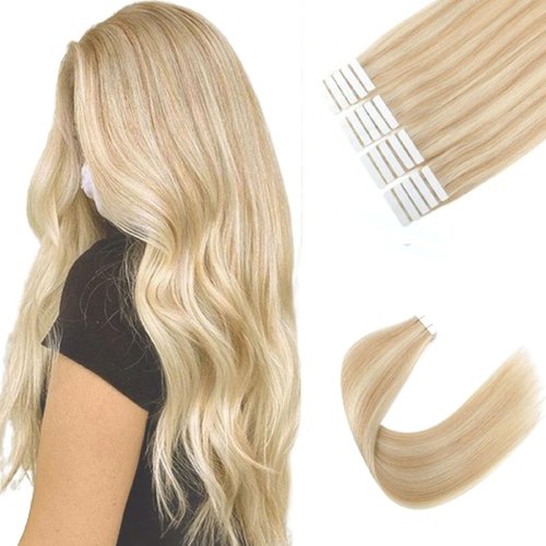Sixstarhair Highlighted Tape In Human Hair Extensions Seamless Skin Weft Hair Extensions with Dirty Blonde and Platinum Blonde Hair Extensions Double Sided Tapes P18-613# 20inch