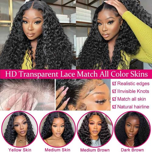 SOSATISFY Deep Wave Lace Front Wigs Human Hair 4x4 HD Transparent Lace Closure Wigs Glueless 180% Density Human Hair Wigs for Black Women Pre Plucked with Baby Natural Hairline (20 inch)