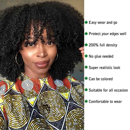 Meadow hair Full 200 Density Afro Kinky Curly Human Hair Wig With Bang Brazilian Virgin Afro Coily Wigs Bangs For Black Women Machine Scalp Top Wig Glueless 14inch