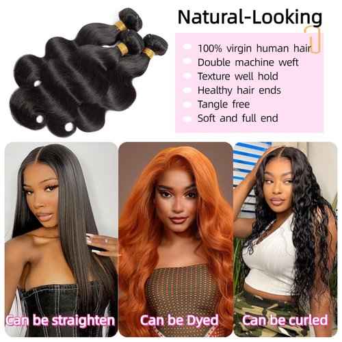 Body Wave Bundles Human Hair Brazilian Virgin 3 Bundles 18 20 22 Inch 100% Unprocessed Brazilian Virgin Human Hair Weave Double Weft Body Wave Hair Extensions Natural Black for Black Woman