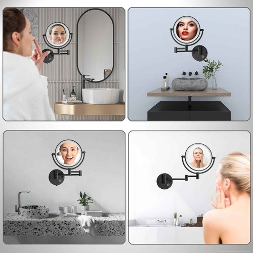 RECKODOR Hard Wired Make up Mirror Magnifying Lighted Black Wall Mounted, 8" 1X/5X Double-Sided 360 Swivel Extendable Arm Bathroom Makeup Mirror Wall Mount, Touch Dimmable, Matt Black