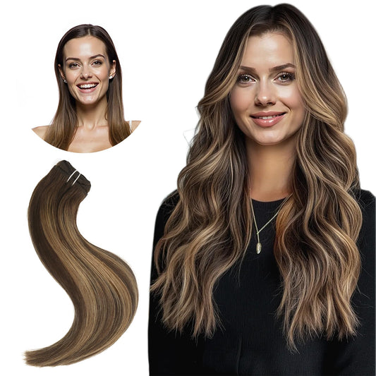 Hyssiet 18 Inch Invisible Clip in Real Human Hair Extensions,Balayage Chocolate Brown to Caramel Blonde,85 Gram 7 Pieces With 16 Clips,Remy Thick Straight Hair, No Slip, No Shedding