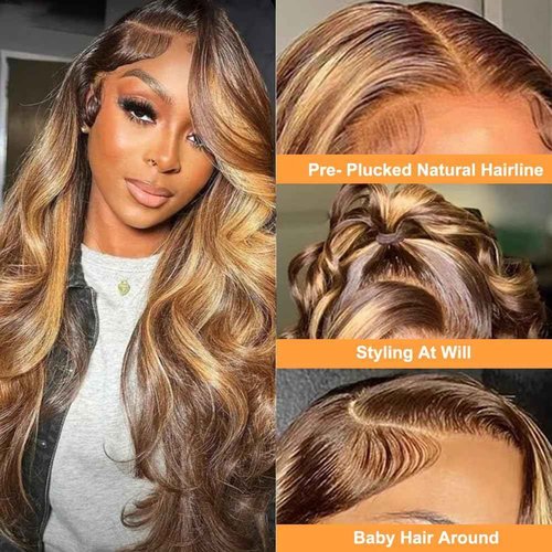newnavatHoney Blonde Lace Front Wig Human Hair Glueless Wigs Human Hair Pre Plucked 13x4 HD Body Wave Lace Front Wigs 4/27 Colored Highlight Ombre Lace Front Wigs For Black Women Human Hair (28in)