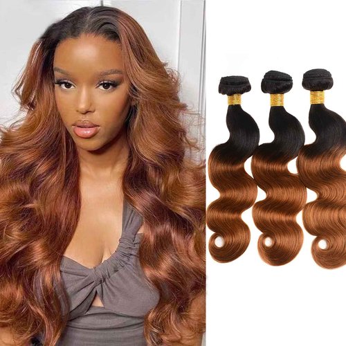 Ombre Body Wave Bundles Human Hair 1B/30 Brazilian Virgin Human Hair Two-tone Dark Root To Blonde Brown Body Wave 3 Bundles Unprocessed Remy Hair Extensions for Women (T1b/30, 10 12 14 inch)
