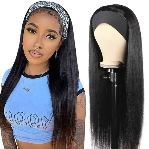 Unvizossa Straight Headband Wig Human Hair Brazilian Virgin Human Hair Wigs for Black Women Glueless Half Wig Machine Made No Lace Front Headband Wig Natural Black Color 22 Inch