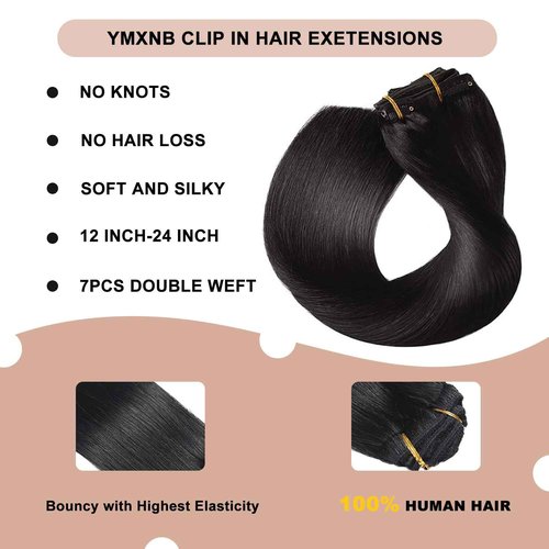YMXNB Clip In Hair Extensions Real Human Hair 24Inch 120g 100% Remy Human Hair Extensions Clip Ins Invisible Seamless Straight Human Hair Clip In Extensions 7pcs Double Weft Natural Black