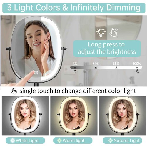 FUNTOUCH 30X/1X Wall Mounted Lighted Makeup Vanity Mirror, Rechargeable Double Sided Bathroom Magnification Mirror, 3 Dimmable Light Settings, Extension Arm, Oval Frame, Ideal for Makeup,Black