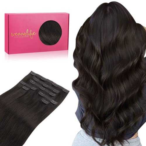 WENNALIFE Lace Seamless Clip in Hair Extensions Human Hair 7pcs Ultra Invisible 50% Thinner Seamless Clip Ins Jet Black Natural Remy Hair 14 Inch