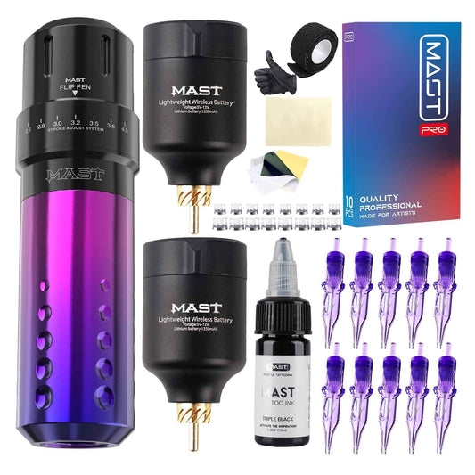 Mast Flip Complete Tattoo Kit -Wireless Cartridges Tattoo Machine with 7 Adjustable Strokes 2.6-4.0mm 2 Batteries Power Supply 20 Pro Needles Ideal for Lining Shading Coloring Professional Starter Set